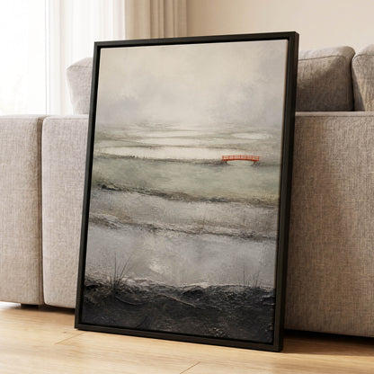 Vermilion in the Mist, beige, gray, black nature wall art displayed in a styled interior, gallery view 4