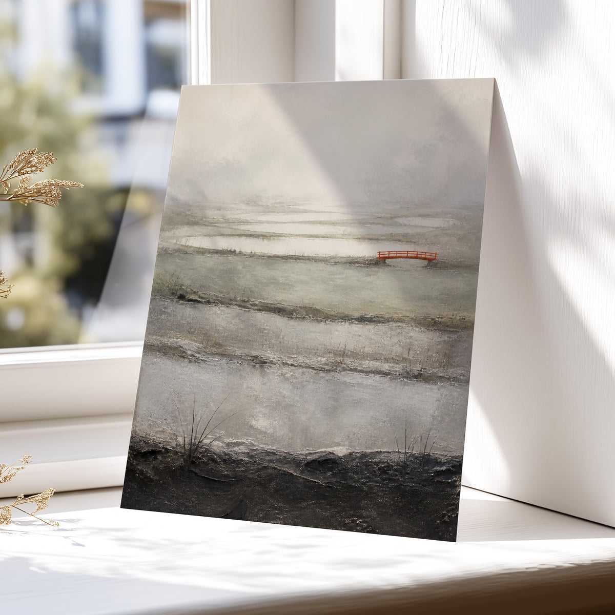 Vermilion in the Mist, beige, gray, black nature wall art displayed in a styled interior, gallery view 5