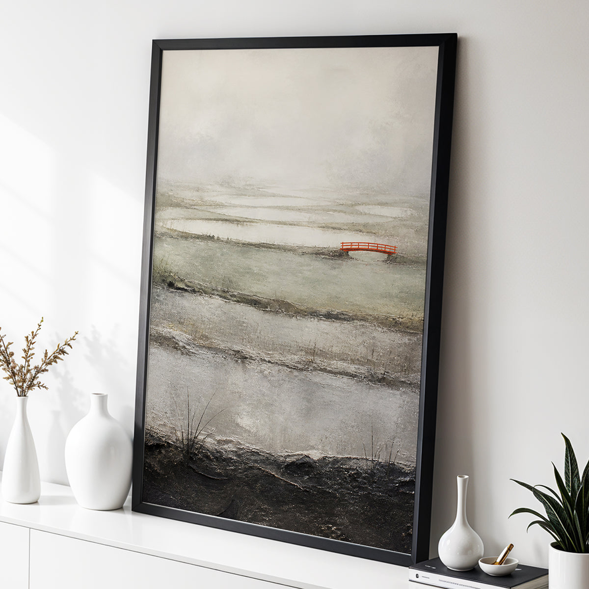 Vermilion in the Mist, beige, gray, black nature wall art displayed in a styled interior, gallery view 6