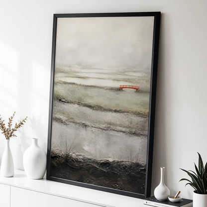 Vermilion in the Mist, beige, gray, black nature wall art displayed in a styled interior, gallery view 6