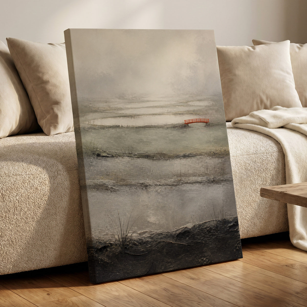 Vermilion in the Mist, beige, gray, black nature wall art displayed in a styled interior, gallery view 7