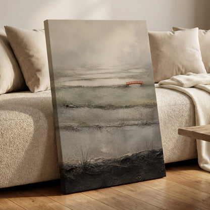 Vermilion in the Mist, beige, gray, black nature wall art displayed in a styled interior, gallery view 7
