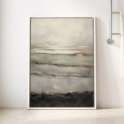 Vermilion in the Mist, beige, gray, black nature wall art displayed in a styled interior, gallery view 8