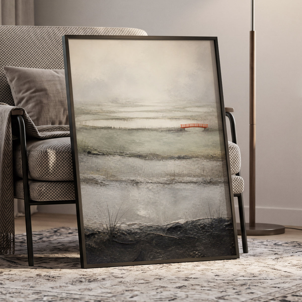 Vermilion in the Mist, beige, gray, black nature wall art displayed in a styled interior, gallery view 9