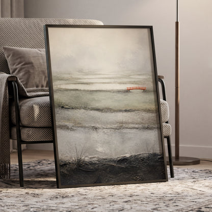 Vermilion in the Mist, beige, gray, black nature wall art displayed in a styled interior, gallery view 9
