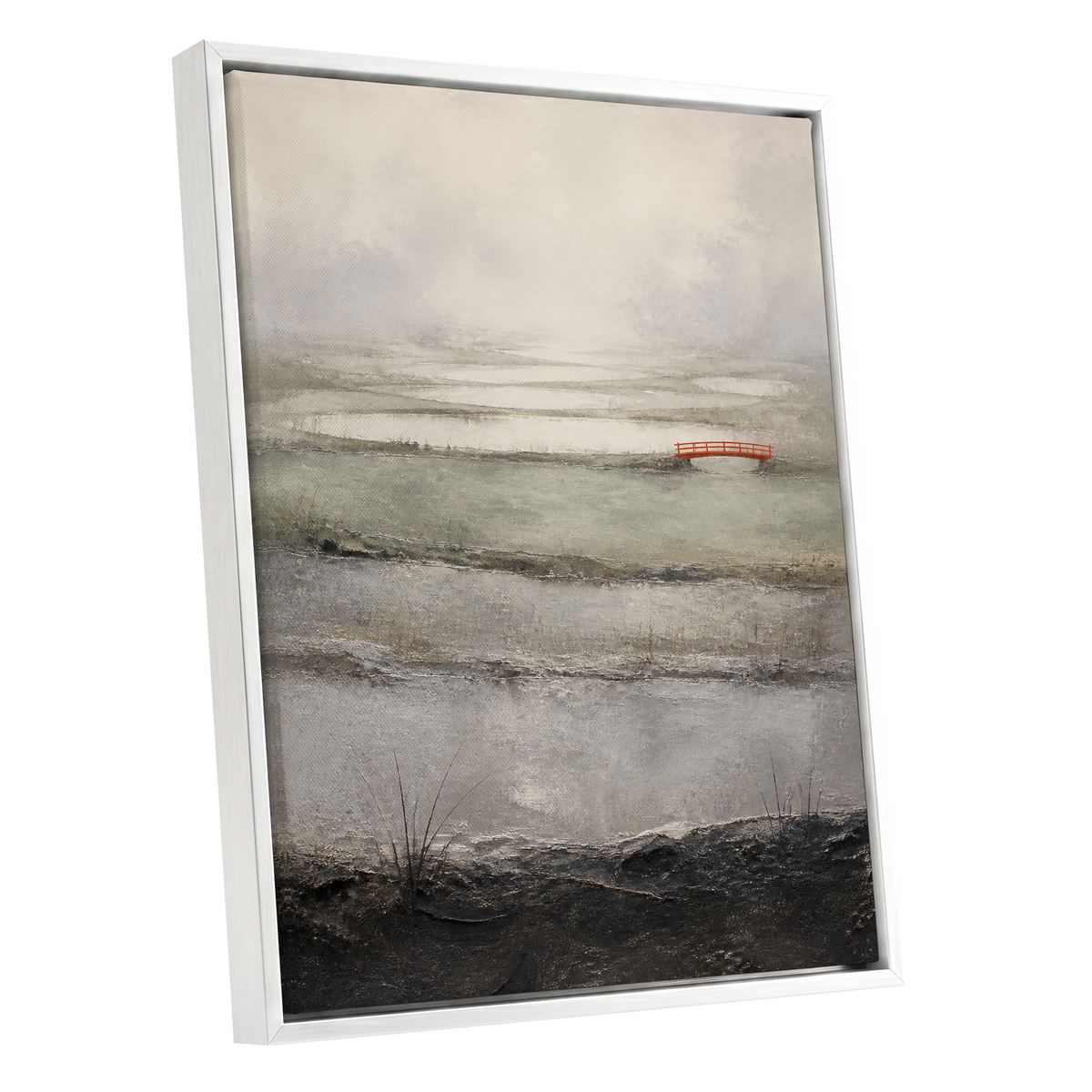 Vermilion in the Mist, beige, gray, black nature wall art shown as a white framed canvas wall art