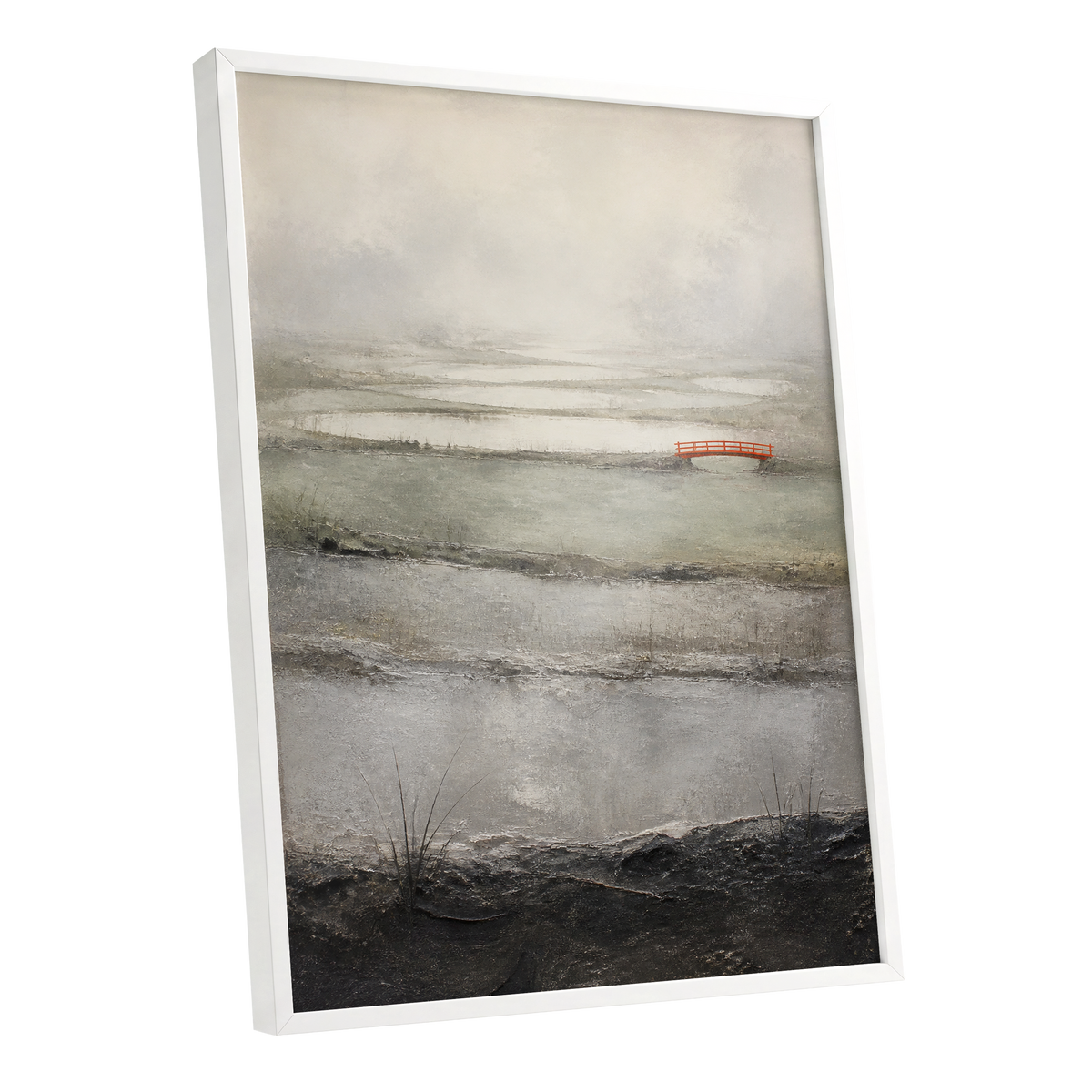Vermilion in the Mist, beige, gray, black nature wall art shown as a white framed poster wall art print