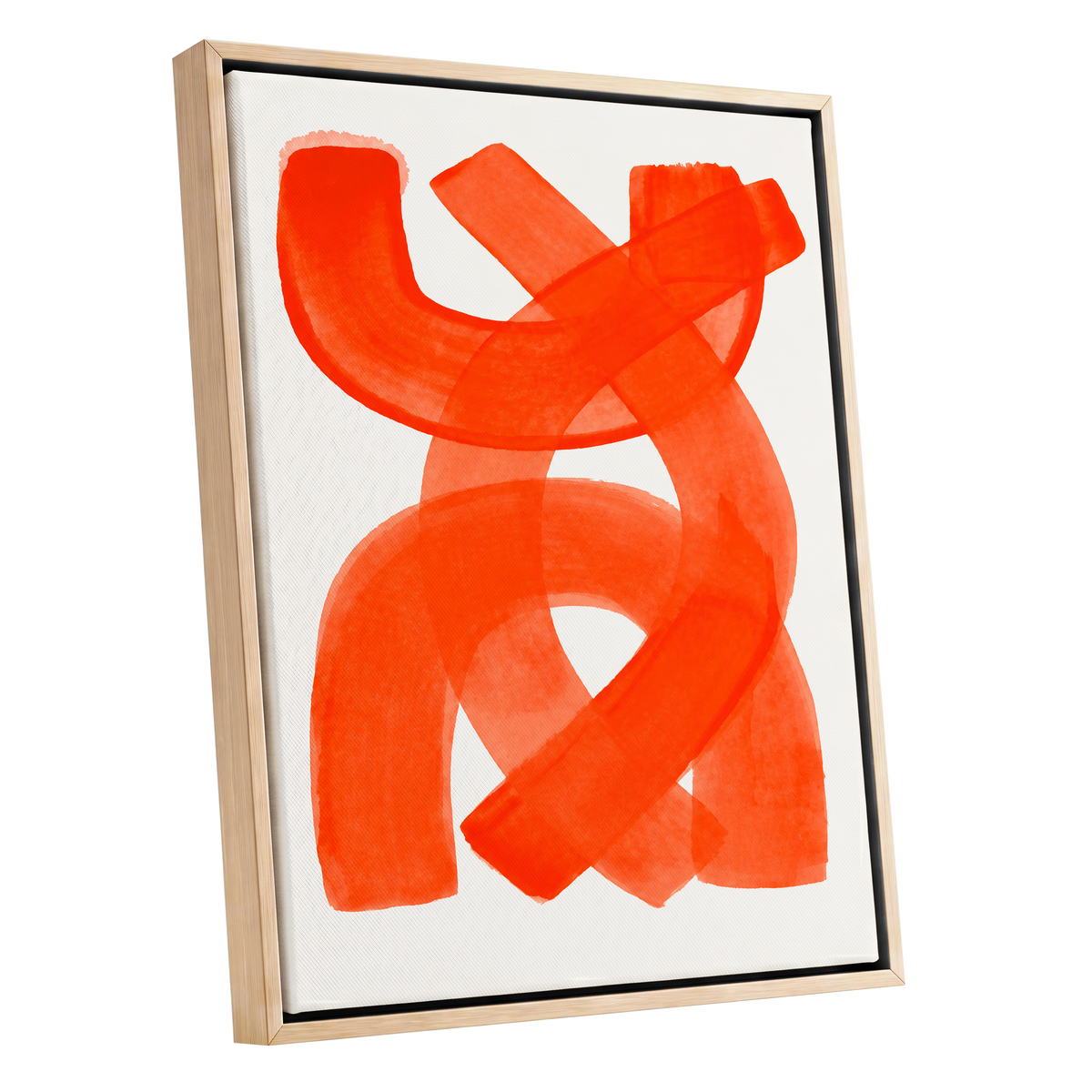 Vermilion Loop, orange, red, pink abstract wall art shown as a oak framed canvas wall art