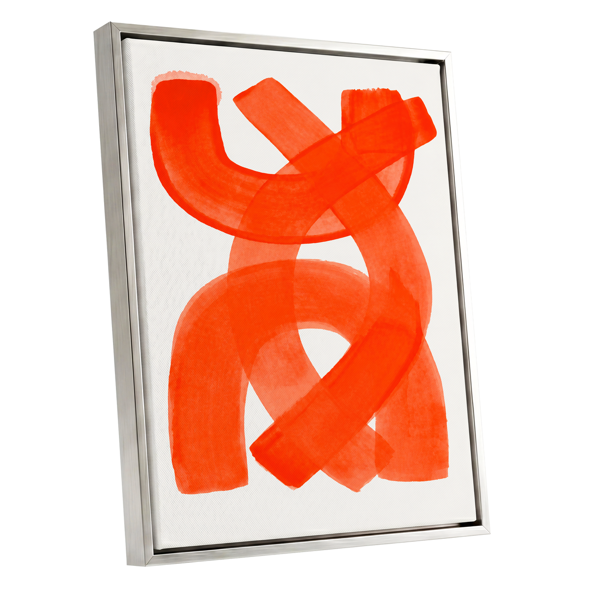 Vermilion Loop, orange, red, pink abstract wall art shown as a silver framed canvas wall art