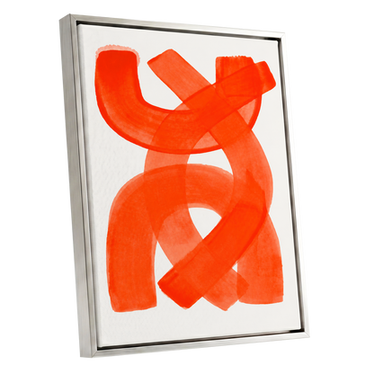 Vermilion Loop, orange, red, pink abstract wall art shown as a silver framed canvas wall art