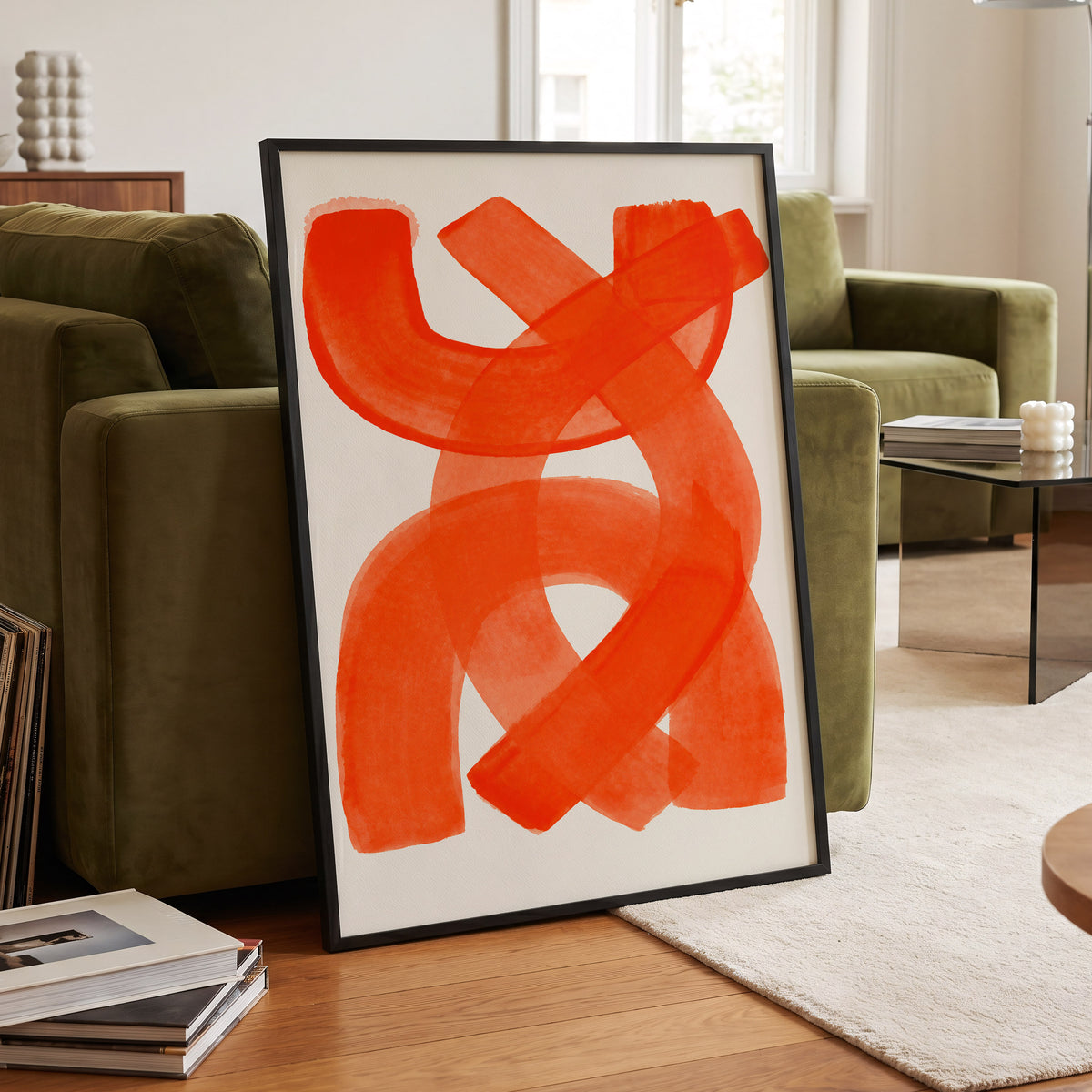 Vermilion Loop, orange, red, pink abstract wall art displayed in a styled interior, gallery view 2