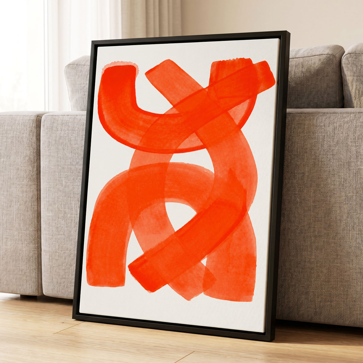 Vermilion Loop, orange, red, pink abstract wall art displayed in a styled interior, gallery view 4