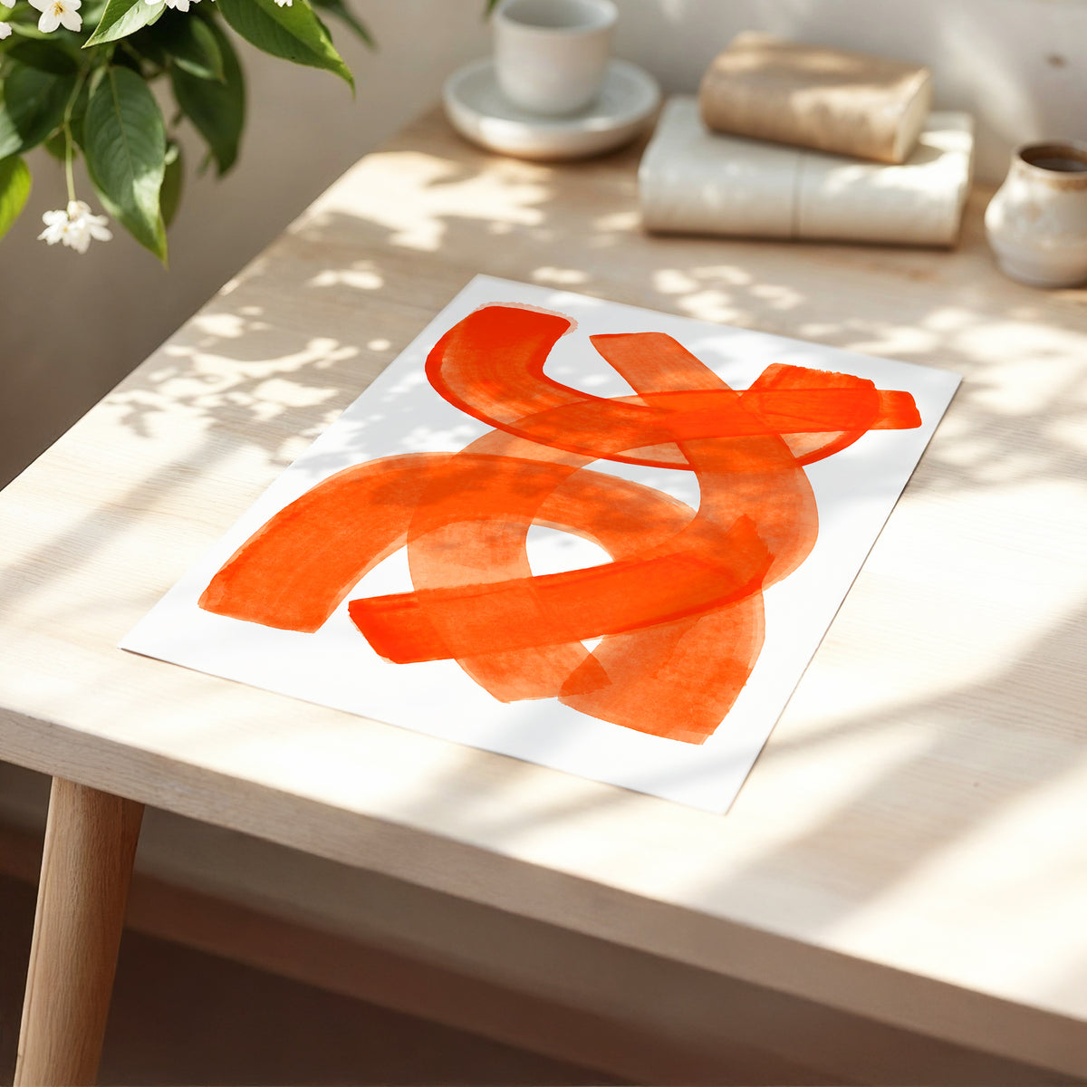 Vermilion Loop, orange, red, pink abstract wall art displayed in a styled interior, gallery view 5