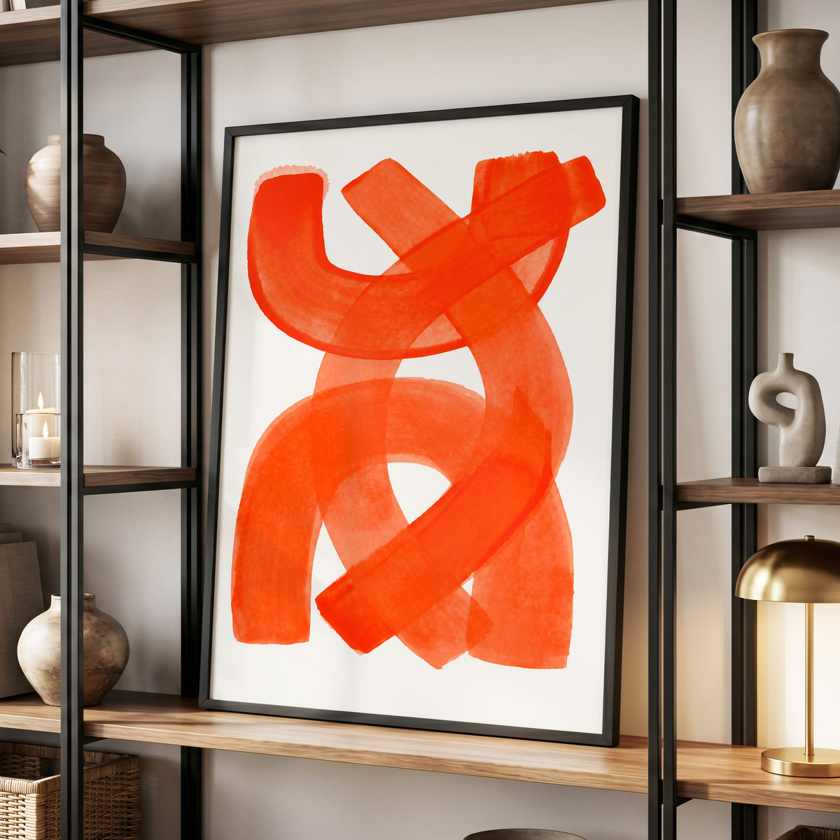 Vermilion Loop, orange, red, pink abstract wall art displayed in a styled interior, gallery view 6