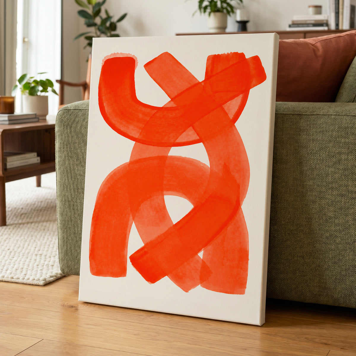 Vermilion Loop, orange, red, pink abstract wall art displayed in a styled interior, gallery view 7