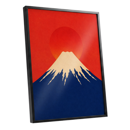 Vermilion Summit, red, blue, beige nature wall art shown as a black framed poster wall art print