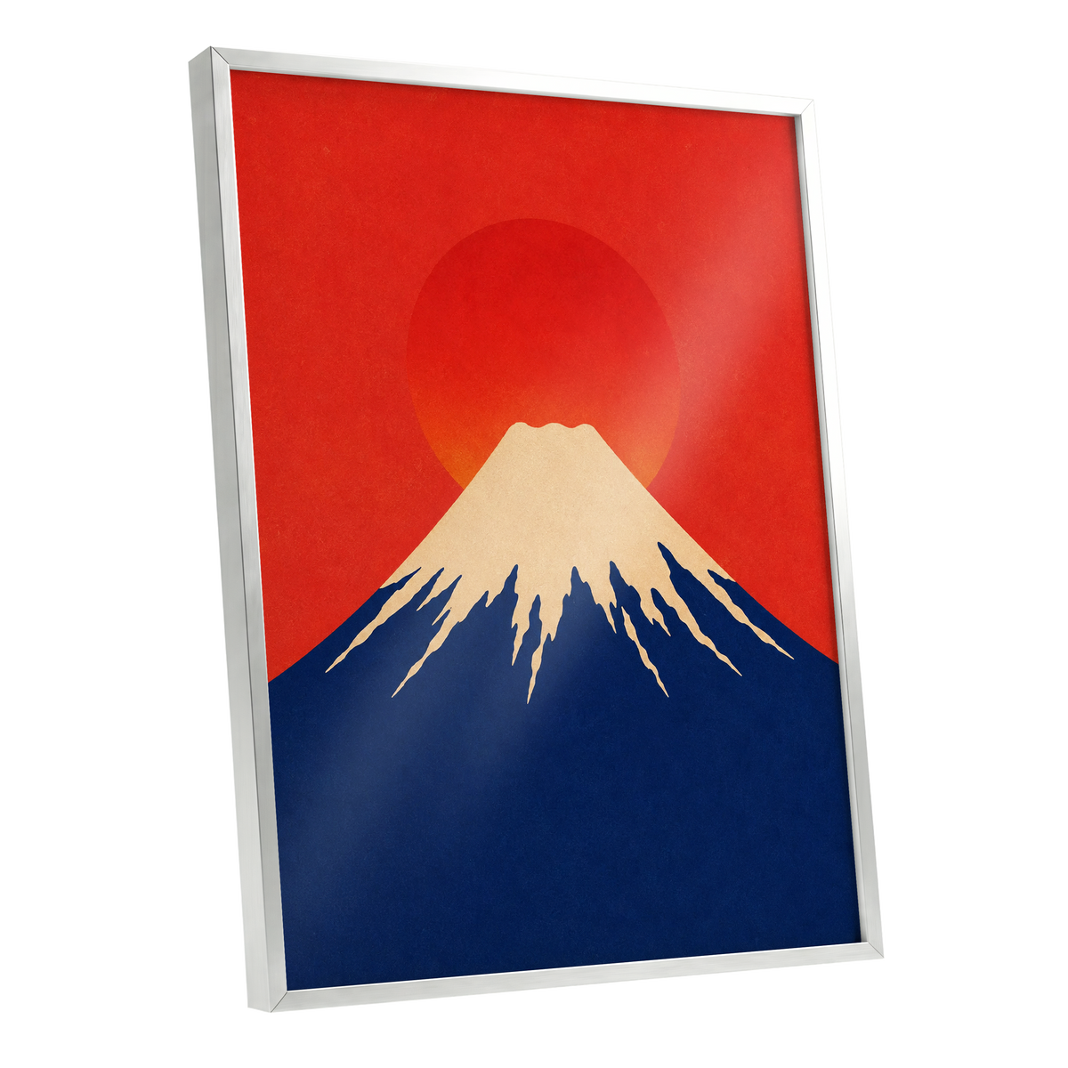 Vermilion Summit, red, blue, beige nature wall art shown as a silver framed poster wall art print
