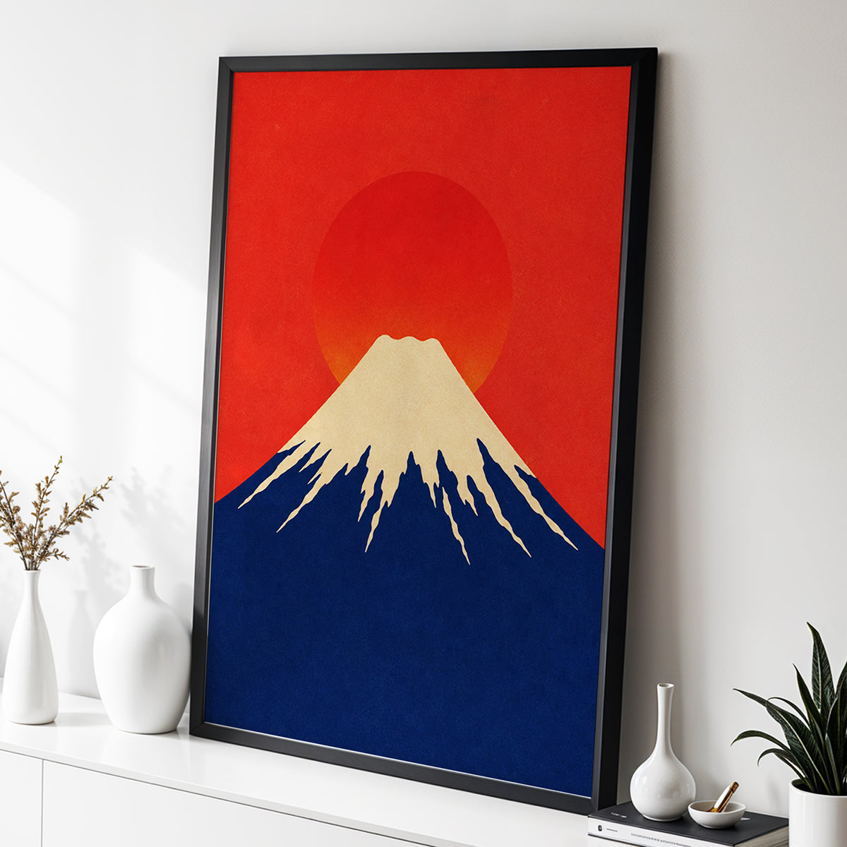 Vermilion Summit, red, blue, beige nature wall art displayed in a styled interior, gallery view 2