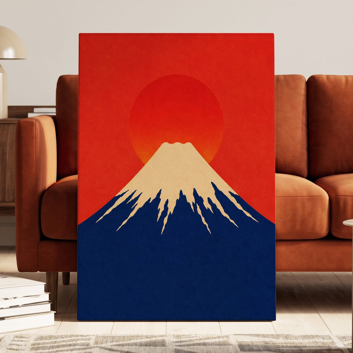 Vermilion Summit, red, blue, beige nature wall art displayed in a styled interior, gallery view 3