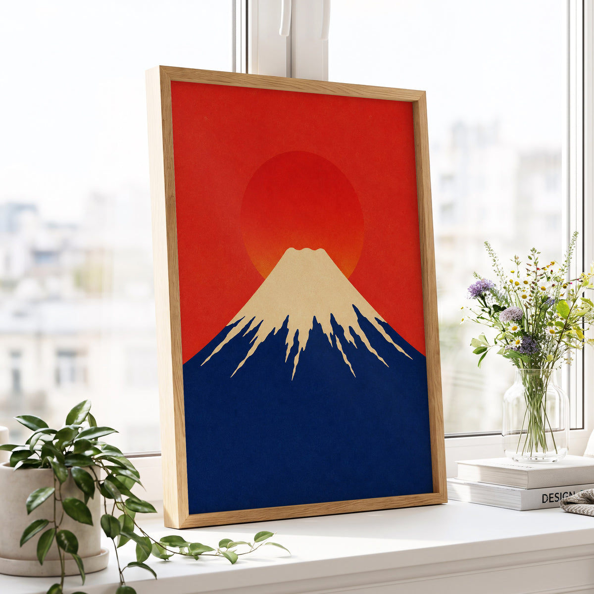 Vermilion Summit, red, blue, beige nature wall art displayed in a styled interior, gallery view 9