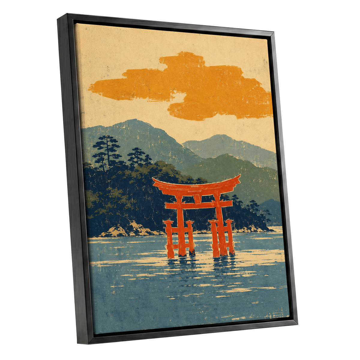 Vermilion Tide, red, orange, blue nature wall art shown as a black framed canvas wall art