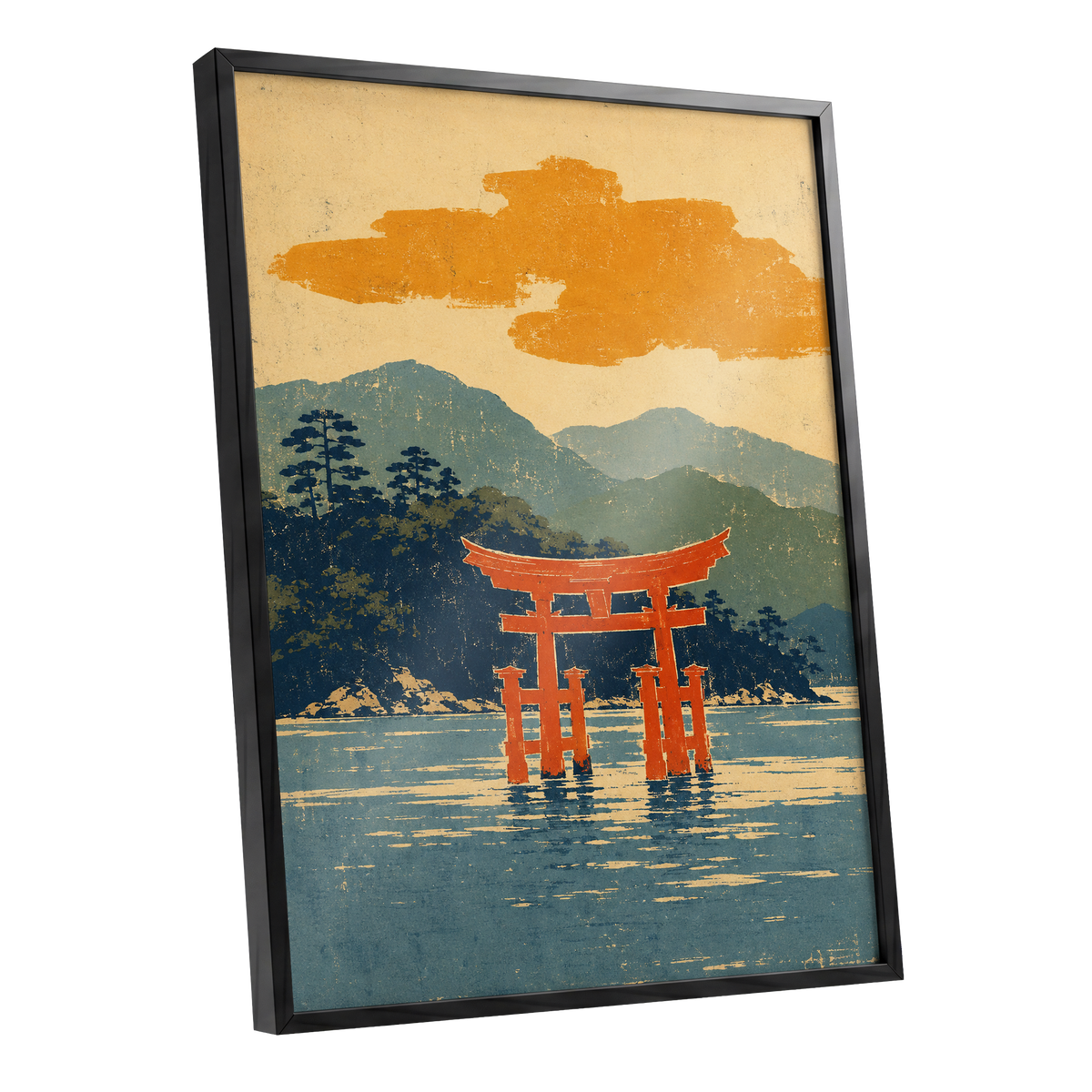 Vermilion Tide, red, orange, blue nature wall art shown as a black framed poster wall art print