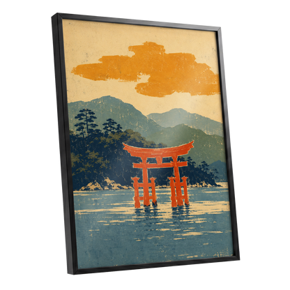Vermilion Tide, red, orange, blue nature wall art shown as a black framed poster wall art print