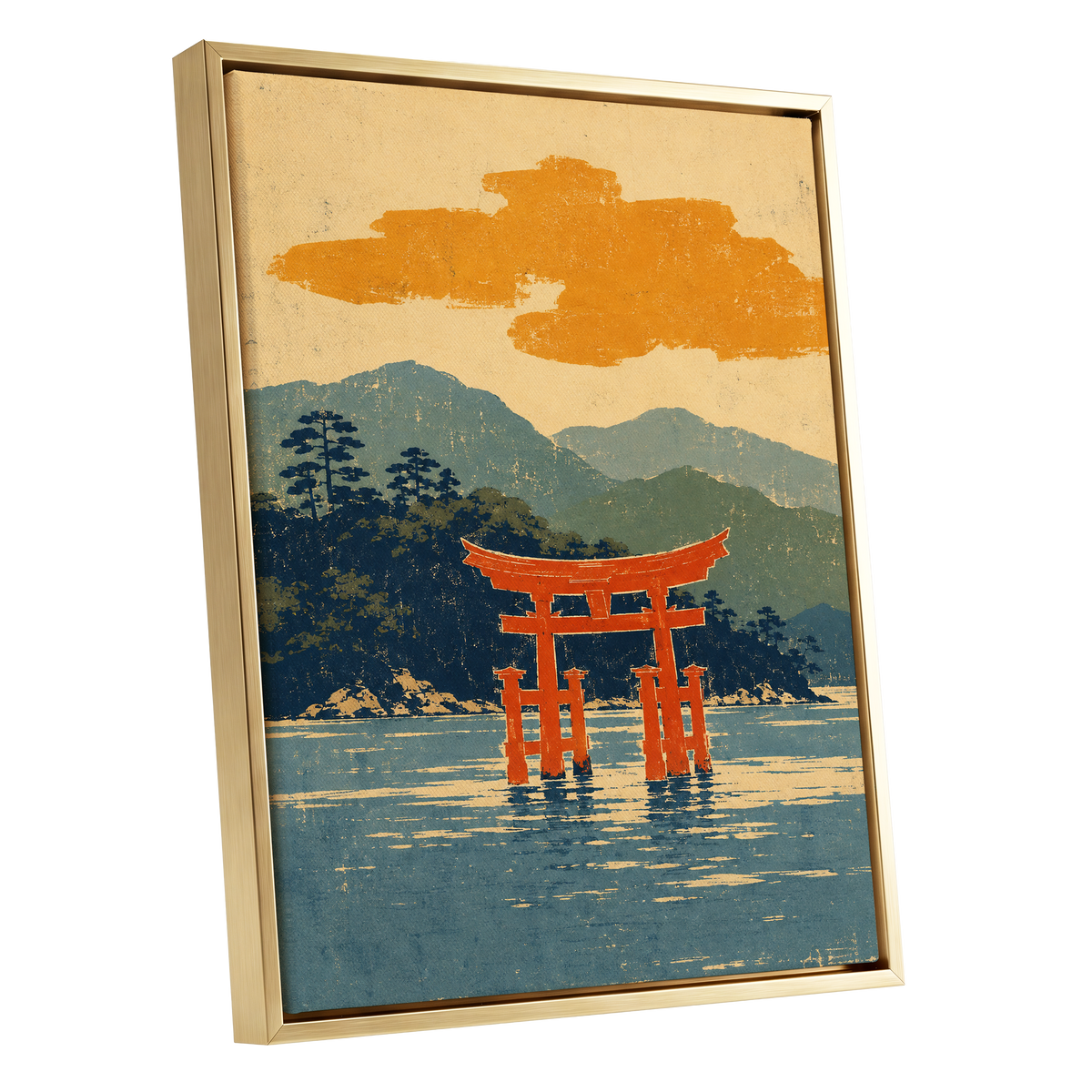 Vermilion Tide, red, orange, blue nature wall art shown as a gold framed canvas wall art