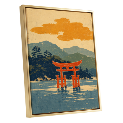 Vermilion Tide, red, orange, blue nature wall art shown as a gold framed canvas wall art