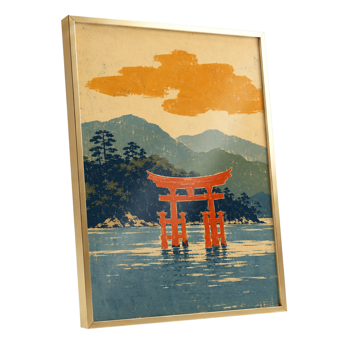 Vermilion Tide, red, orange, blue nature wall art shown as a gold framed poster wall art print