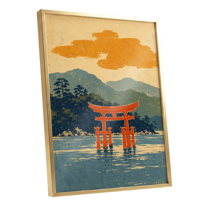 Vermilion Tide, red, orange, blue nature wall art shown as a gold framed poster wall art print