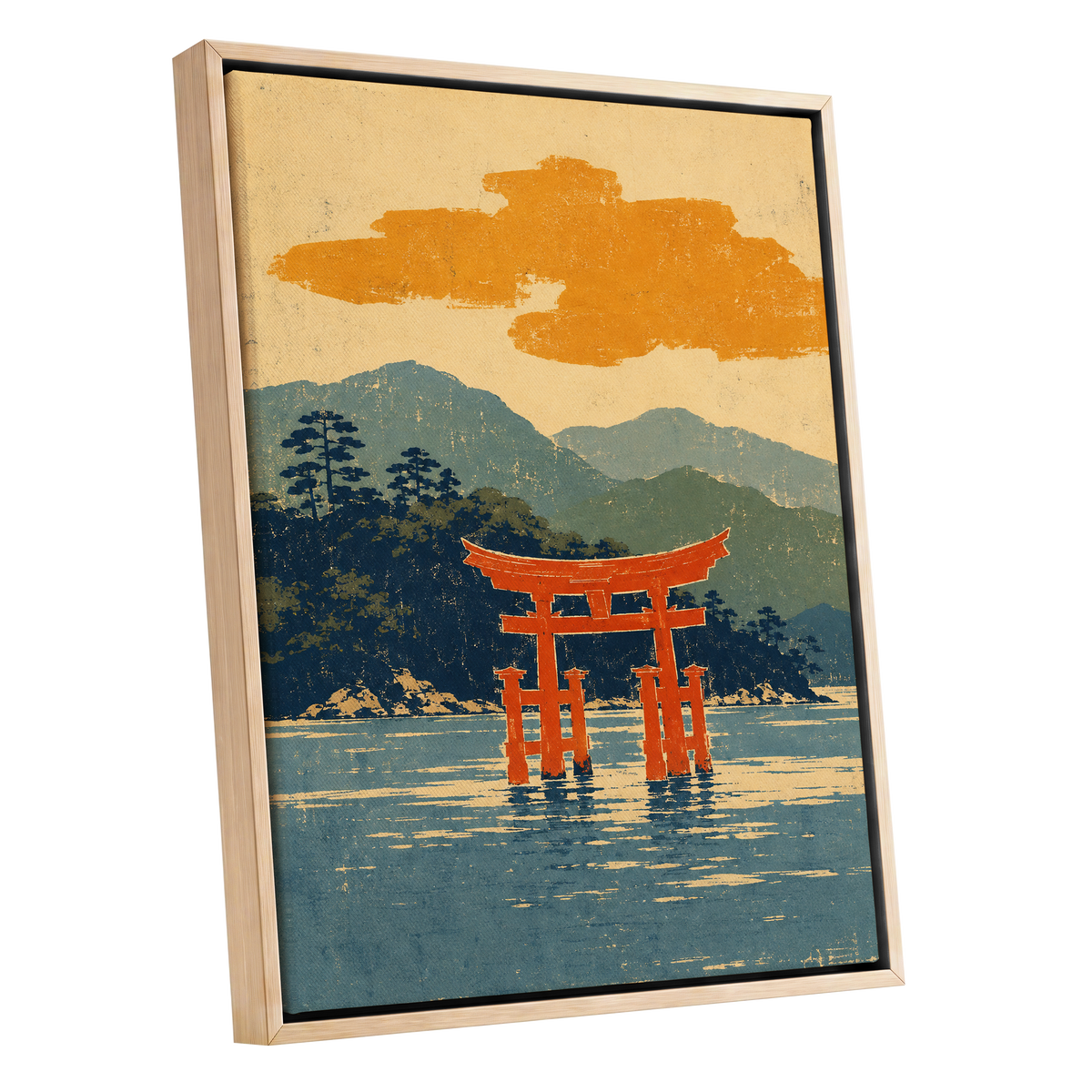 Vermilion Tide, red, orange, blue nature wall art shown as a oak framed canvas wall art