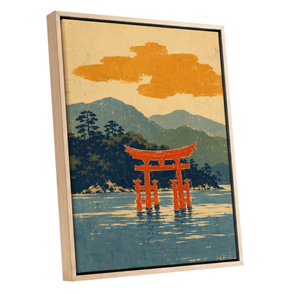 Vermilion Tide, red, orange, blue nature wall art shown as a oak framed canvas wall art
