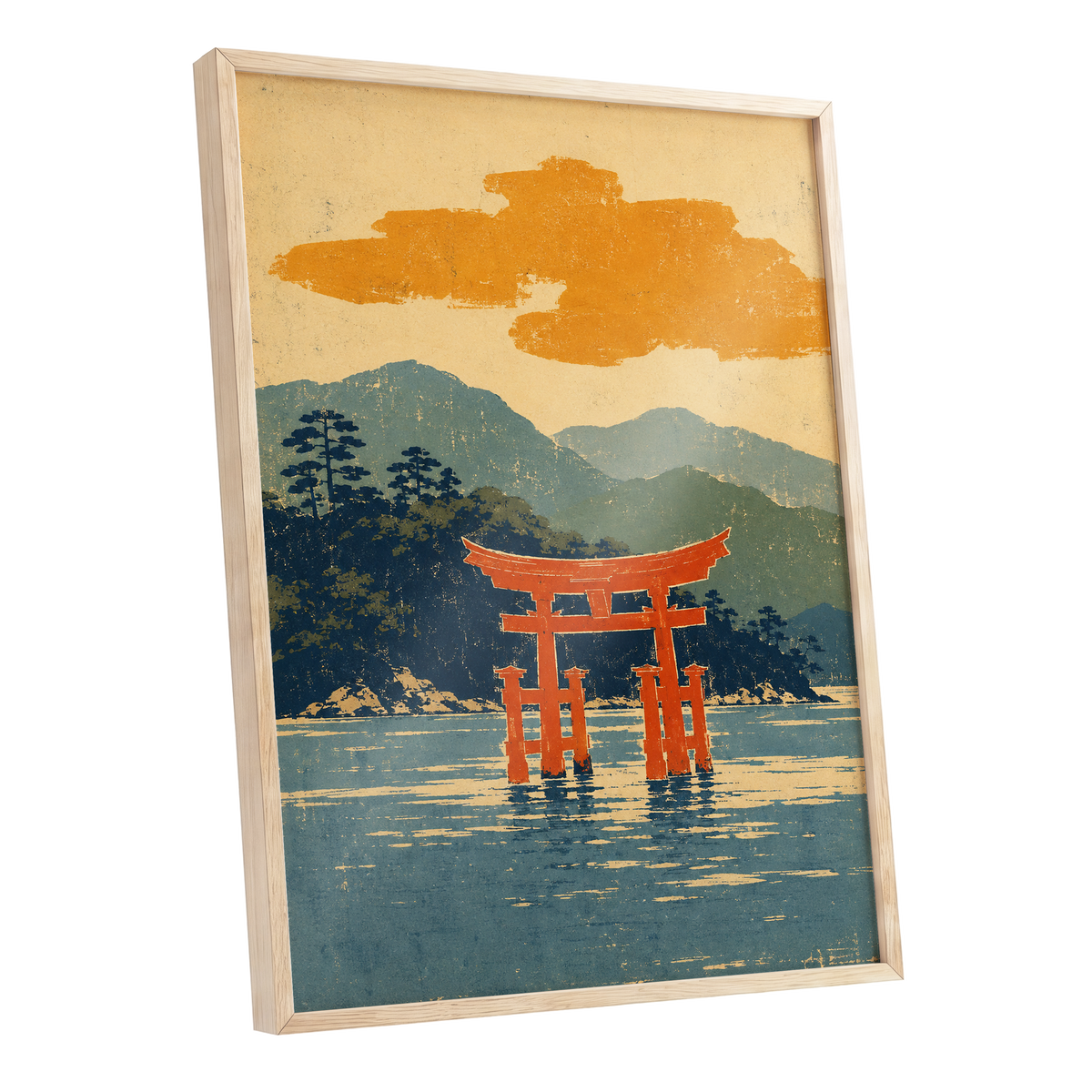 Vermilion Tide, red, orange, blue nature wall art shown as a oak framed poster wall art print