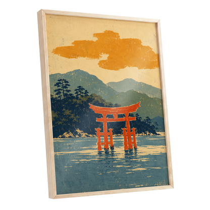 Vermilion Tide, red, orange, blue nature wall art shown as a oak framed poster wall art print