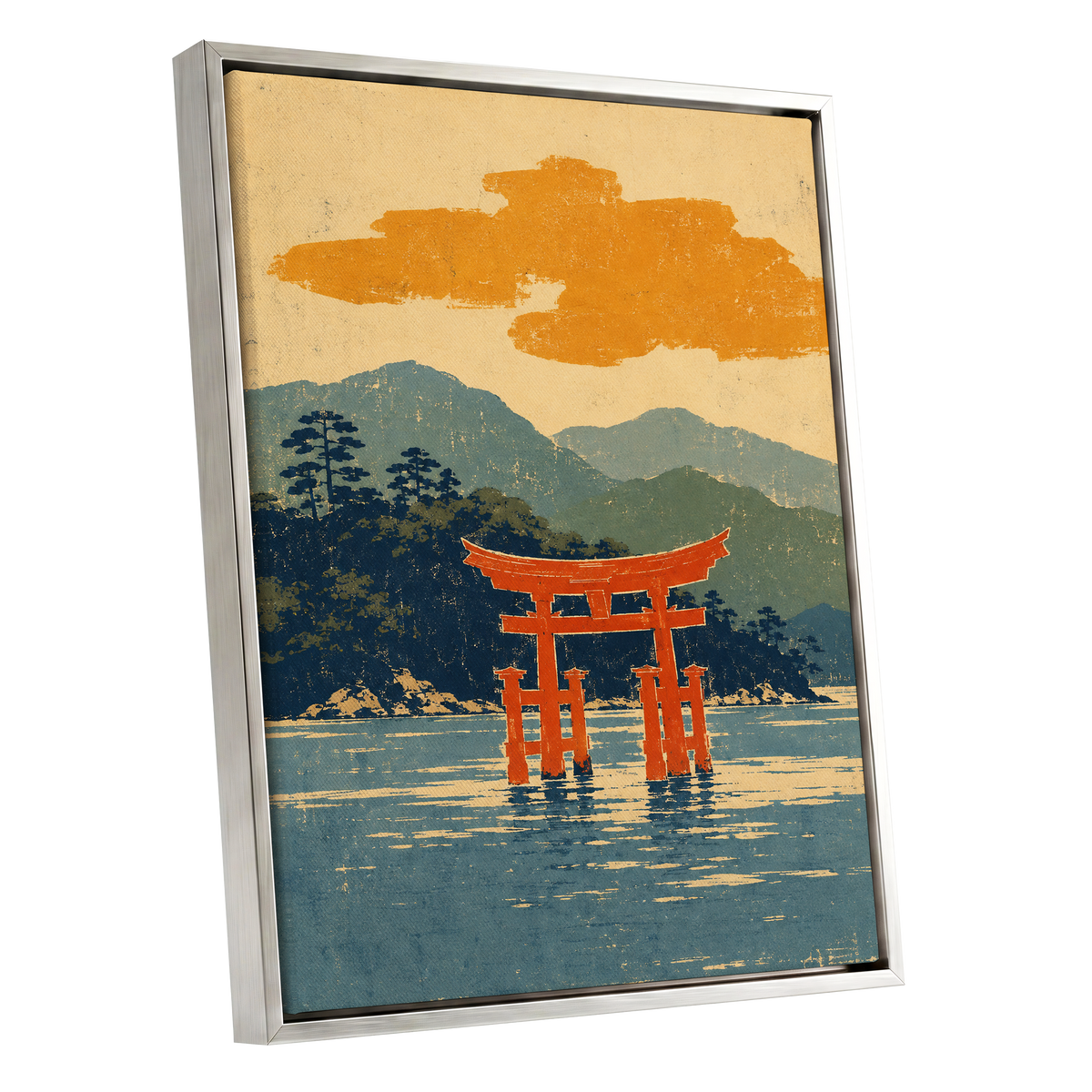 Vermilion Tide, red, orange, blue nature wall art shown as a silver framed canvas wall art