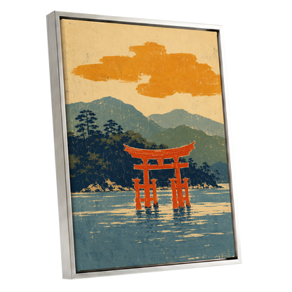 Vermilion Tide, red, orange, blue nature wall art shown as a silver framed canvas wall art
