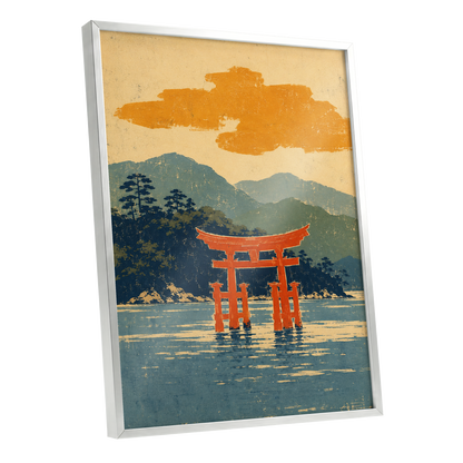 Vermilion Tide, red, orange, blue nature wall art shown as a silver framed poster wall art print