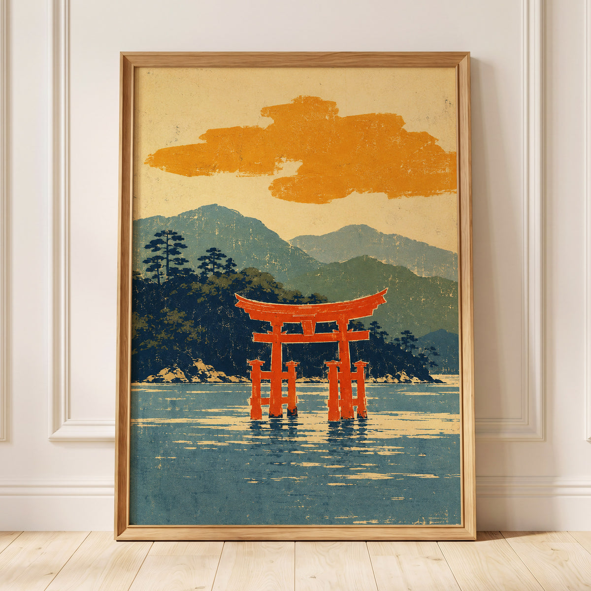Vermilion Tide, red, orange, blue nature wall art displayed in a styled interior, gallery view 2