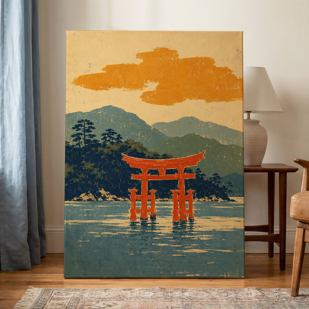Vermilion Tide, red, orange, blue nature wall art displayed in a styled interior, gallery view 3