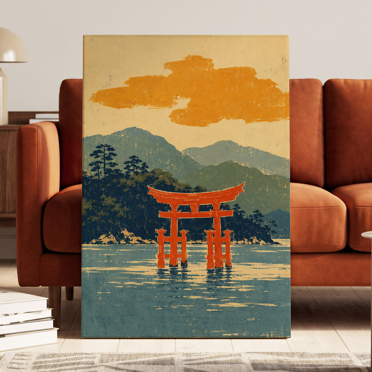 Vermilion Tide, red, orange, blue nature wall art displayed in a styled interior, gallery view 7