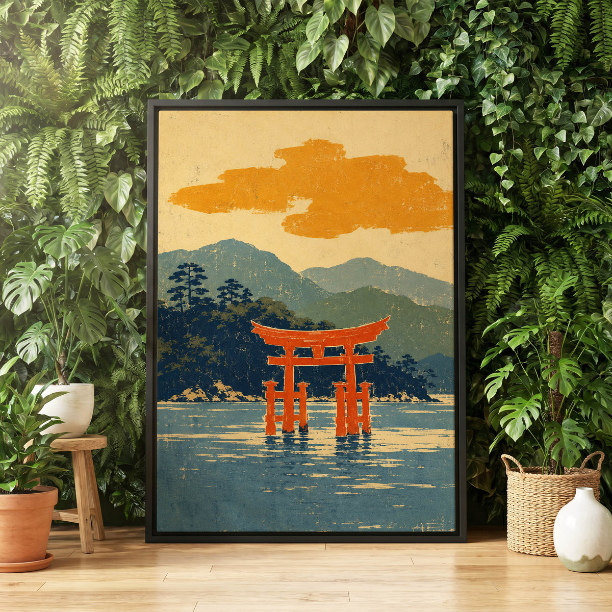 Vermilion Tide, red, orange, blue nature wall art displayed in a styled interior, gallery view 8