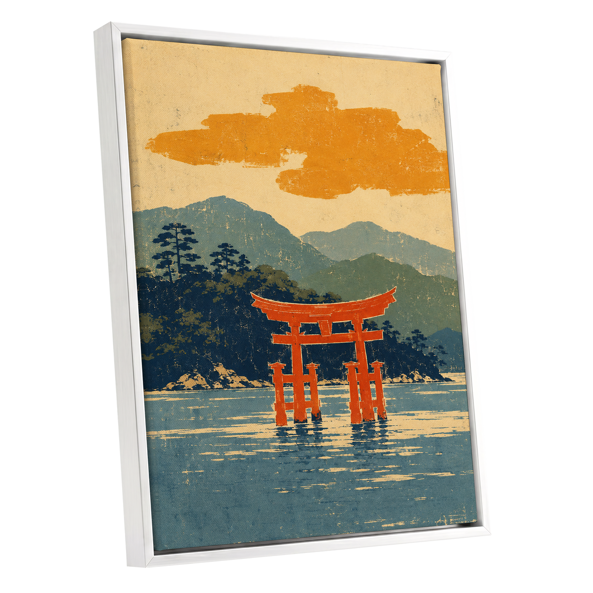 Vermilion Tide, red, orange, blue nature wall art shown as a white framed canvas wall art