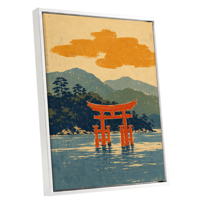 Vermilion Tide, red, orange, blue nature wall art shown as a white framed canvas wall art