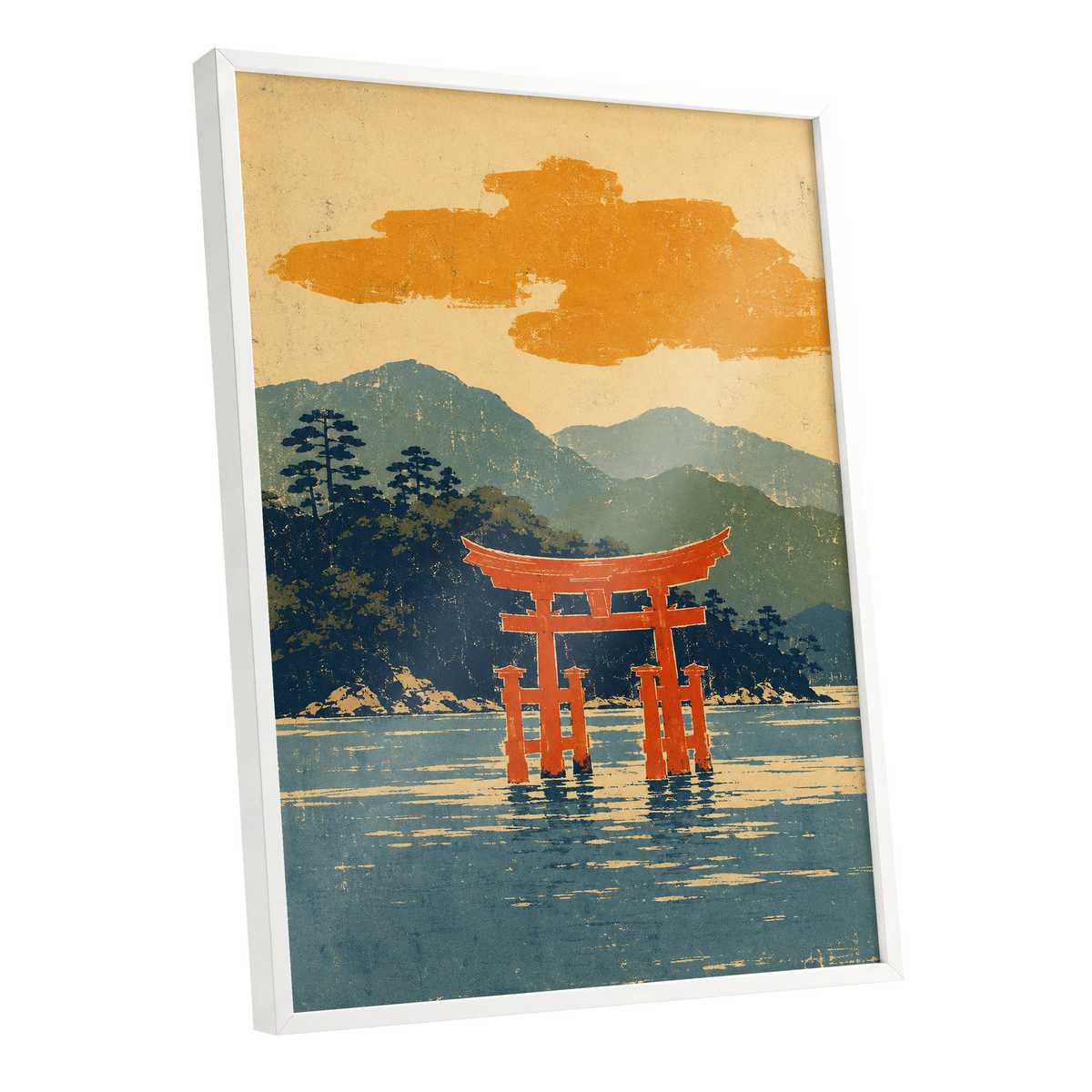 Vermilion Tide, red, orange, blue nature wall art shown as a white framed poster wall art print