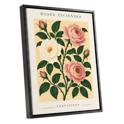 Versailles Rose Reverie, pink, green, beige floral wall art shown as a black framed canvas wall art