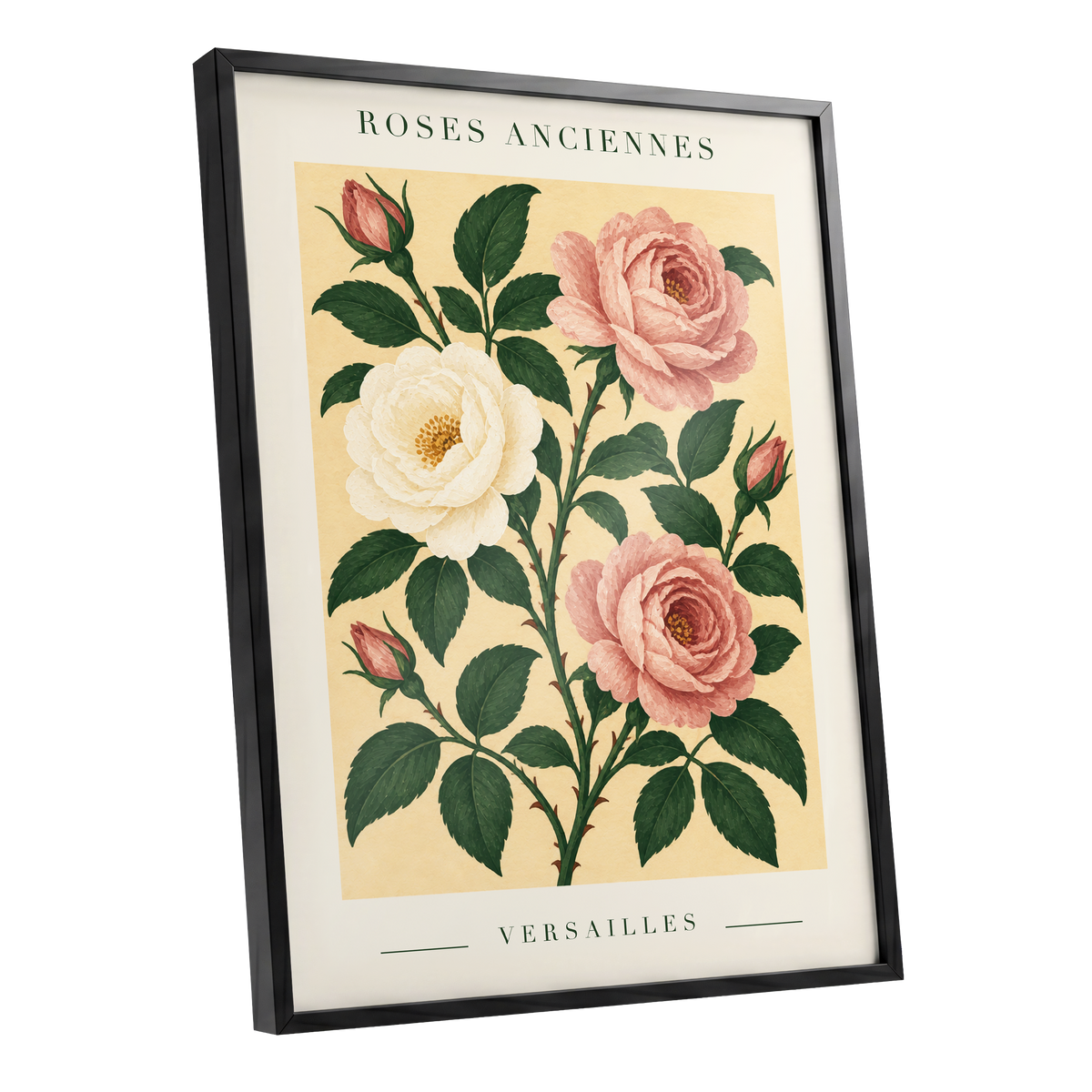 Versailles Rose Reverie, pink, green, beige floral wall art shown as a black framed poster wall art print