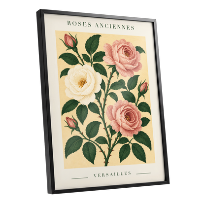 Versailles Rose Reverie, pink, green, beige floral wall art shown as a black framed poster wall art print