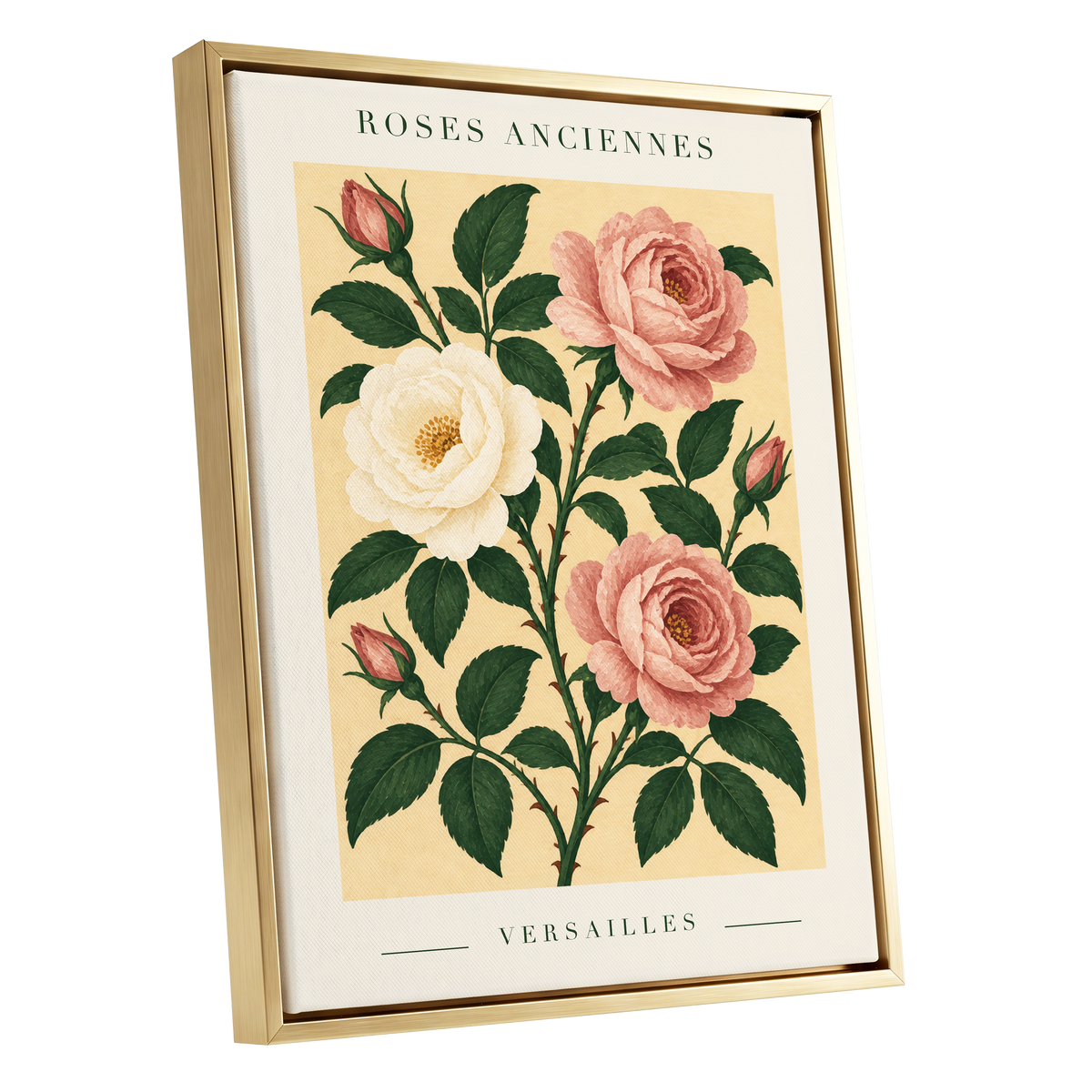 Versailles Rose Reverie, pink, green, beige floral wall art shown as a gold framed canvas wall art