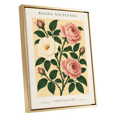 Versailles Rose Reverie, pink, green, beige floral wall art shown as a gold framed canvas wall art